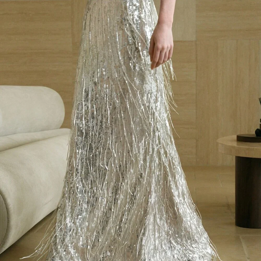 Silver Party Women's Sequin Fringe Mermaid maxi skirt - Picture 3 of 7